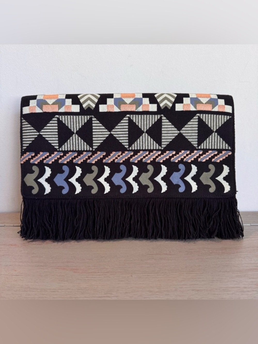 STELLA & DOT Taj Black Woven Tribal Envelope Bag Clutch Fringe Embroidered Purse